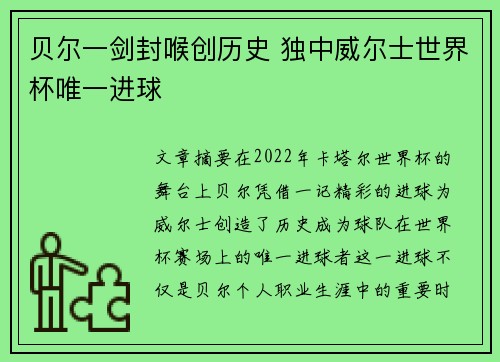 贝尔一剑封喉创历史 独中威尔士世界杯唯一进球 贝尔一剑封喉创历史 独中威尔士世界杯唯一进球
