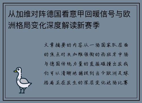 从加维对阵德国看意甲回暖信号与欧洲格局变化深度解读新赛季