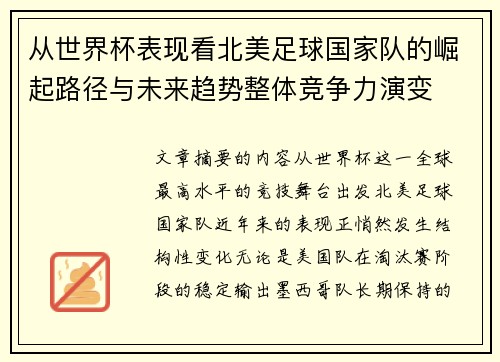 从世界杯表现看北美足球国家队的崛起路径与未来趋势整体竞争力演变