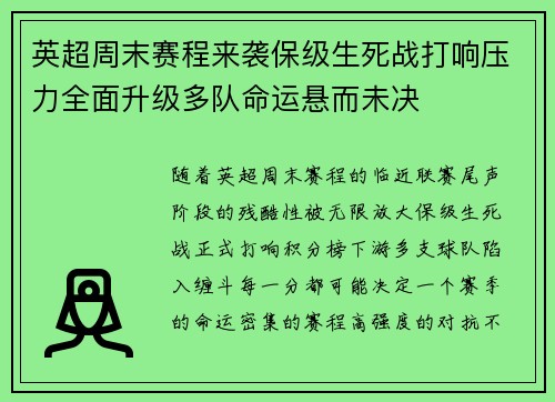 英超周末赛程来袭保级生死战打响压力全面升级多队命运悬而未决 英超周末赛程来袭保级生死战打响压力全面升级多队命运悬而未决