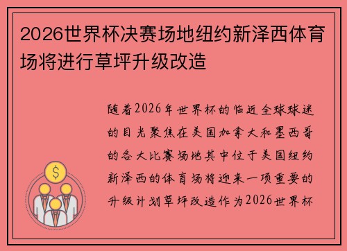 2026世界杯决赛场地纽约新泽西体育场将进行草坪升级改造 2026世界杯决赛场地纽约新泽西体育场将进行草坪升级改造